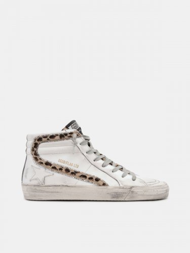Slide sneakers with leopard print pony skin inserts