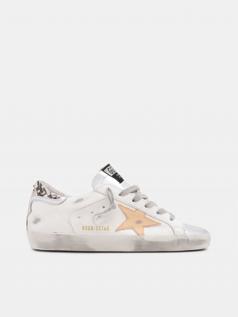White Super-Star sneakers with python-print and rhinestone heel tab