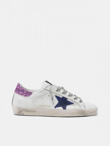 White Super-Star sneakers with blue star and glittery heel tab