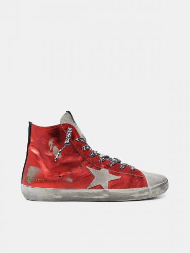 Francy sneakers in red laminated leather with leopard-print laces