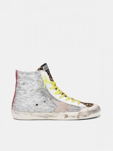 Francy sneakers with silver sequins and leopard-print pony skin