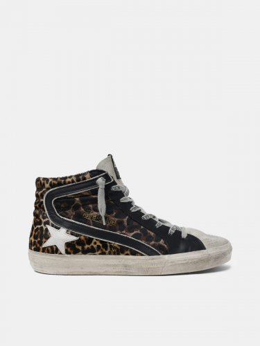 Slide sneakers in leopard-print leather