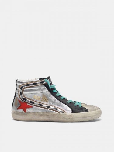 Slide sneakers in silver laminated leather with red star