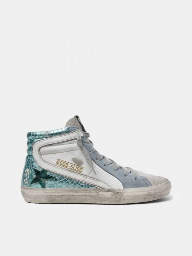 Slide sneakers in crocodile-print green laminated leather