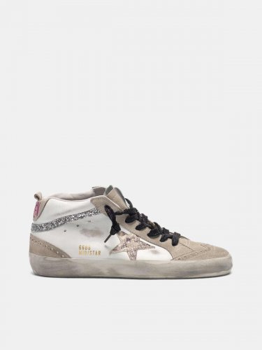 Mid-Star sneakers in leather with snakeskin-print star and glitter inserts