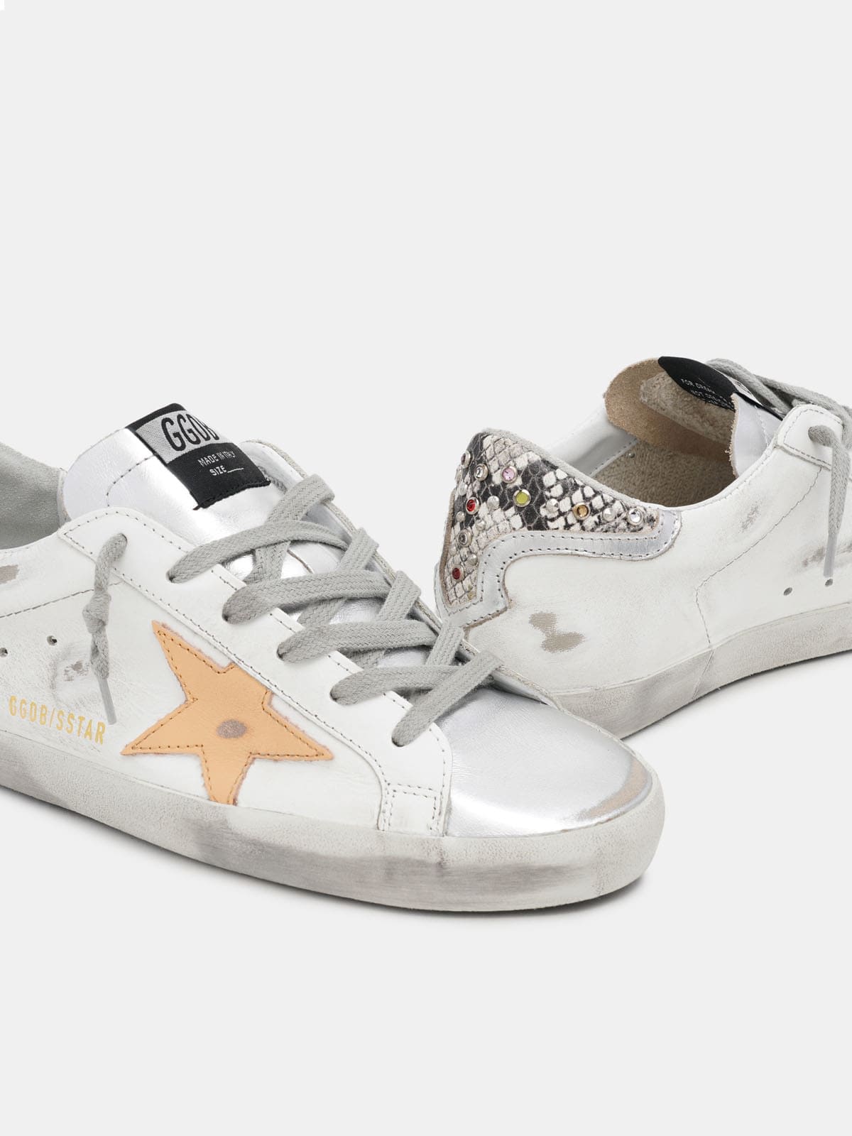 White Super-Star sneakers with python-print and rhinestone heel tab